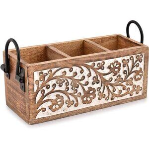Mango wood utensil holder kitchen drawer organizer rustic cutlery storage caddy